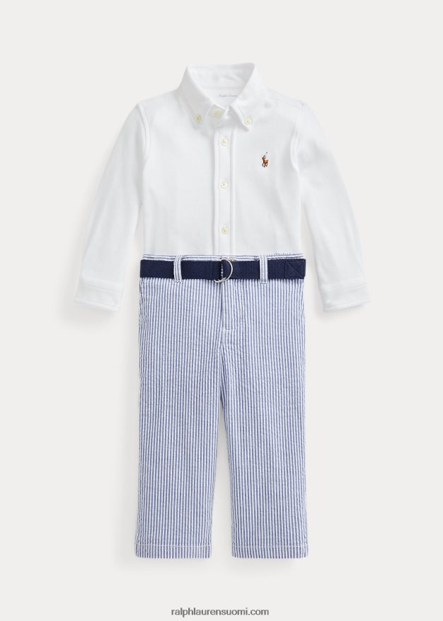 Ralph Lauren vauva paita vyö & seersucker housut setti 0Z24ZR8209 valkoinen