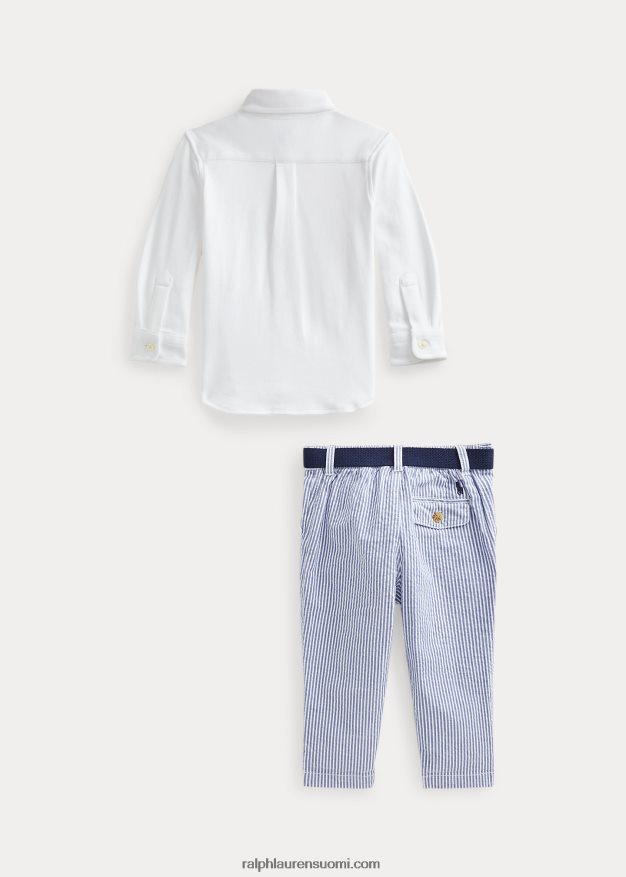 Ralph Lauren vauva paita vyö & seersucker housut setti 0Z24ZR8209 valkoinen