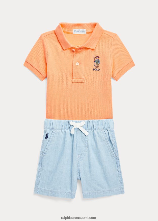 Ralph Lauren vauva poolokarhu puuvilla poolopaita ja lyhyt setti 0Z24ZR7774 vaalea oranssi / chambray