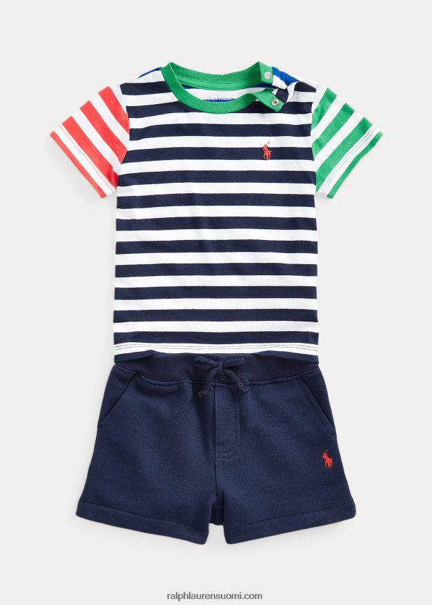 Ralph Lauren vauva raidallinen jersey t-paita & fleece lyhyt setti 0Z24ZR7764 hienostunut navy multi