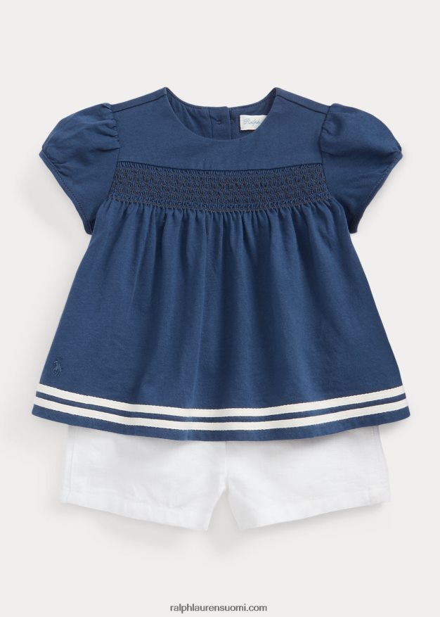Ralph Lauren vauva smocked jersey toppi & pellava lyhyt setti 0Z24ZR8192 laivasto/valkoinen