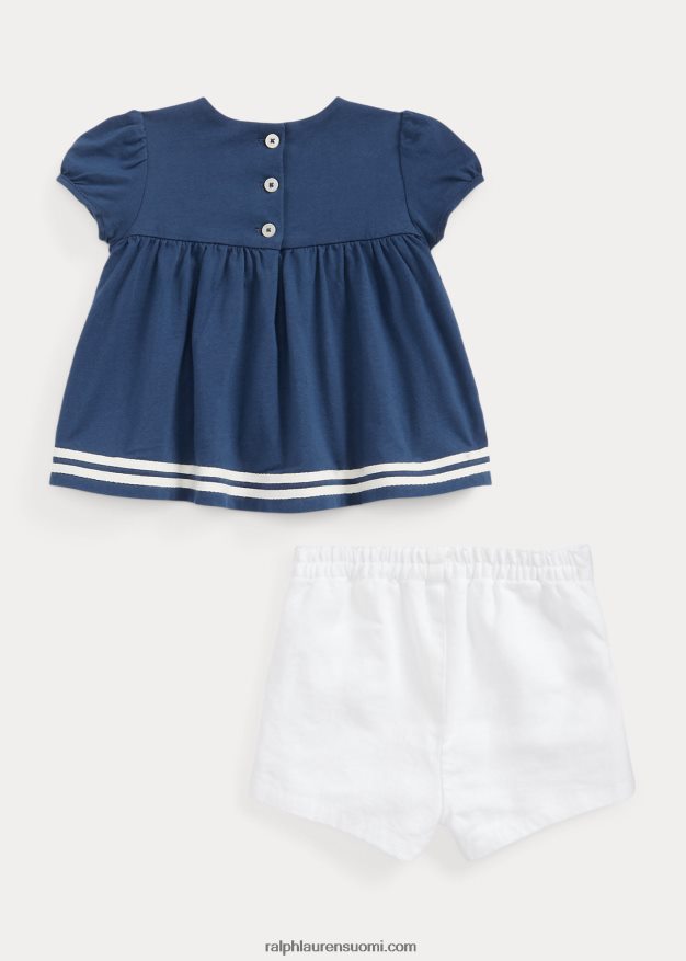 Ralph Lauren vauva smocked jersey toppi & pellava lyhyt setti 0Z24ZR8192 laivasto/valkoinen
