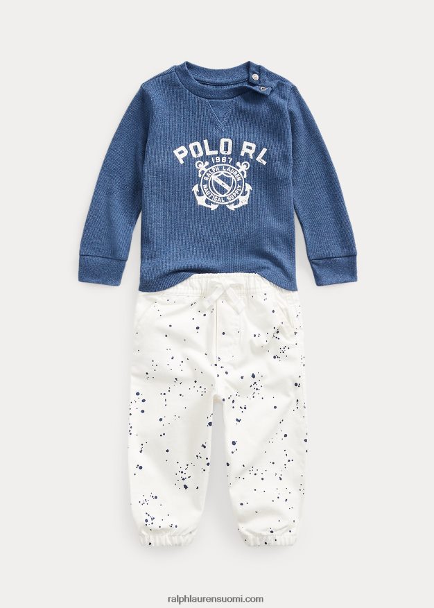 Ralph Lauren vauva vohvelineulelogollinen tee & ripstop-housusetti 0Z24ZR8208 maalaismainen laivastonsininen kanerva