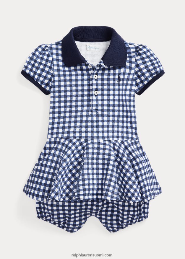 Ralph Lauren vauva gingham mesh poolo kupla shortall 0Z24ZR8143 sininen gingham