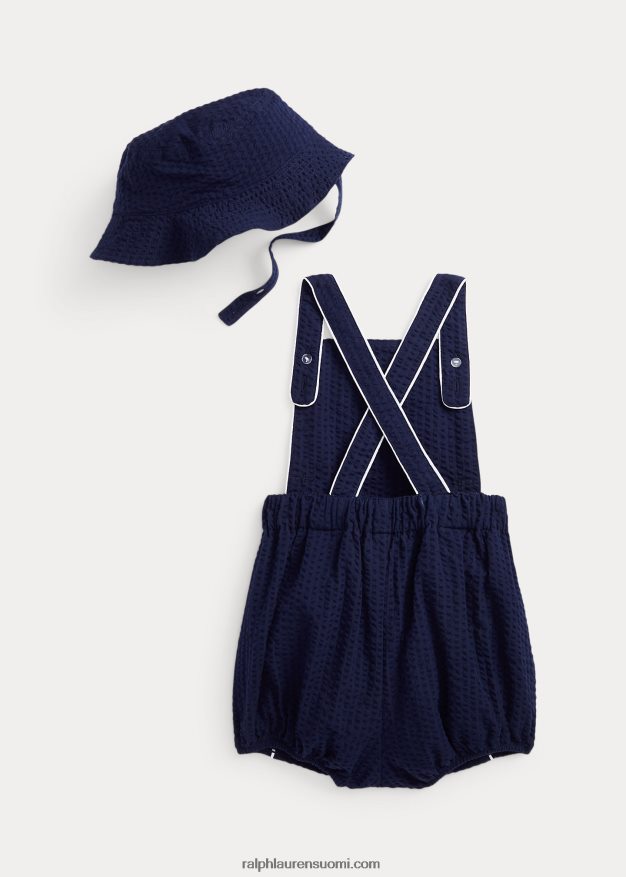 Ralph Lauren vauva puuvilla seersucker shorts & hattu setti 0Z24ZR7690 hienostunut laivasto