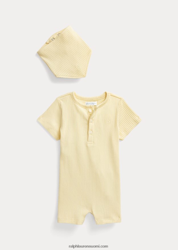 Ralph Lauren vauva puuvillainen resorihousu ja ruokalappusetti 0Z24ZR7833 t-linnun keltainen